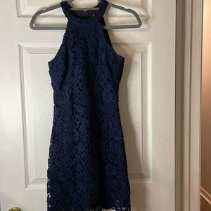 Lulus Navy Blue High Neck Lace Dress (XS)